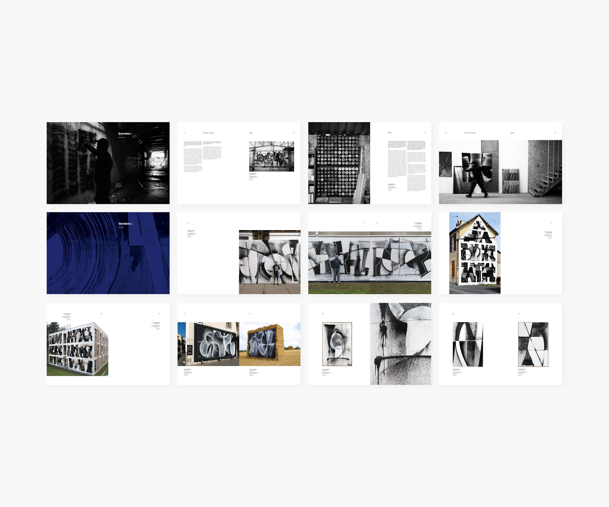 Aperçu des pages à l'intérieur du livre Variations avec des photos de graffitis, des textes et des expositions